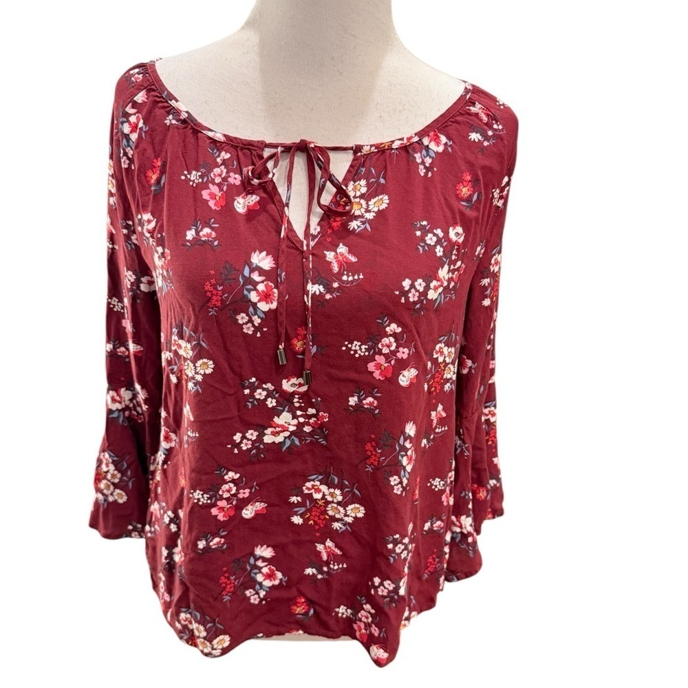 Krazy Kat Maroon Flowers Ruffled Sleeves Boho Peasant Women’s Blouse Size Medium